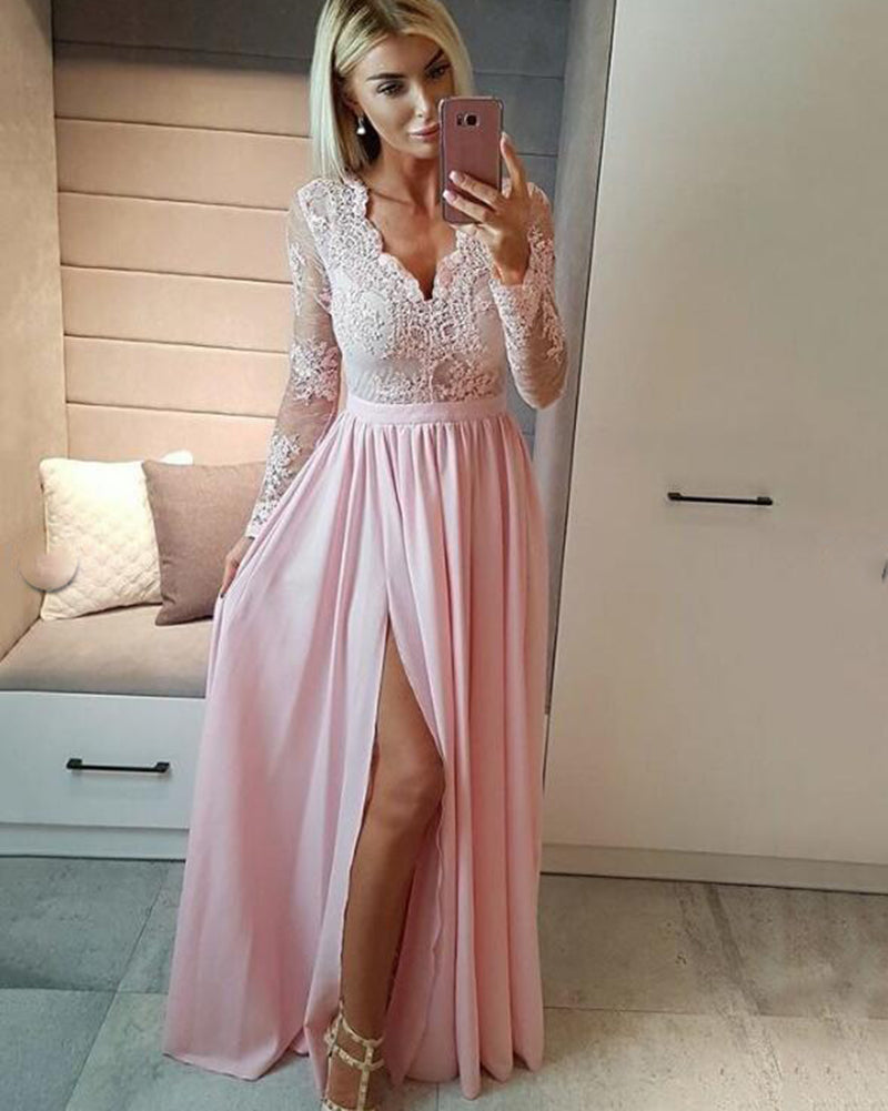 Multi Color Vintage Long Sleeved lace  Chiffon formal Prom Dress Floor Legnth Graduation Dress with Slit PL10275