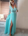 Multi Color Vintage Long Sleeved lace  Chiffon formal Prom Dress Floor Legnth Graduation Dress with Slit PL10275