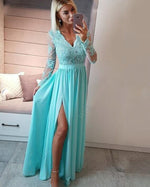 Multi Color Vintage Long Sleeved lace  Chiffon formal Prom Dress Floor Legnth Graduation Dress with Slit PL10275