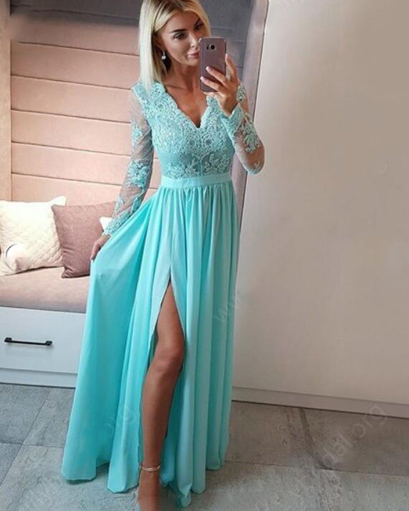 Multi Color Vintage Long Sleeved lace  Chiffon formal Prom Dress Floor Legnth Graduation Dress with Slit PL10275