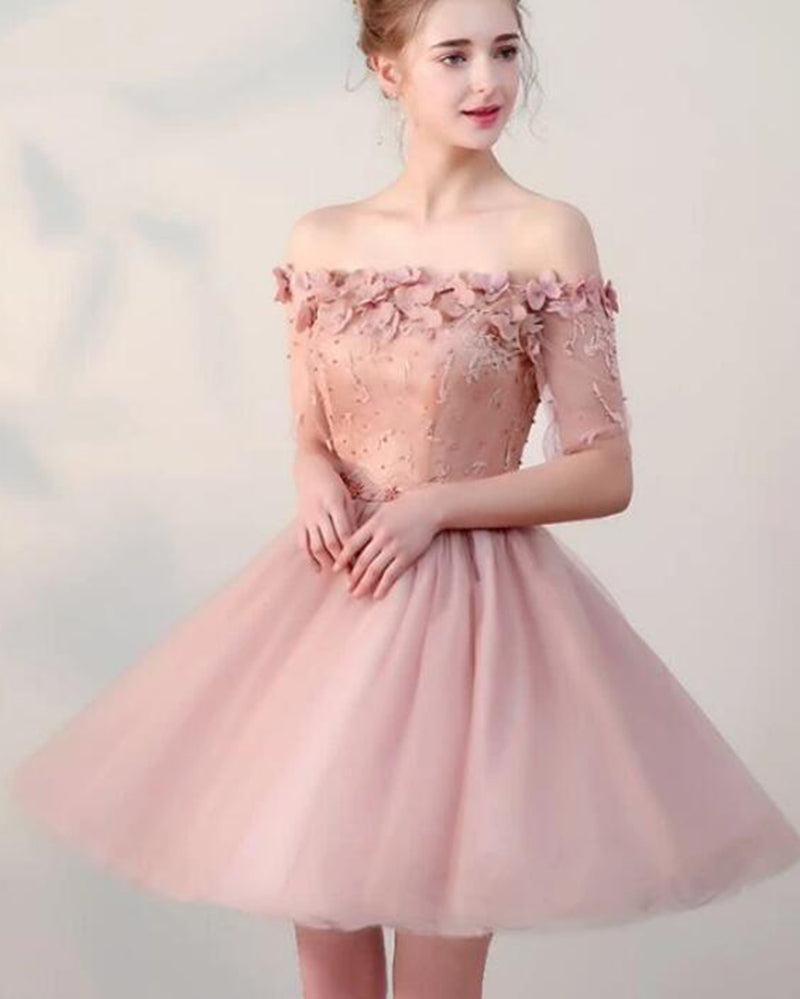Lovely Teens Graduation Short Prom Dress with Half Sleeves,Pink Homecoming Cocktail Gown SP1027