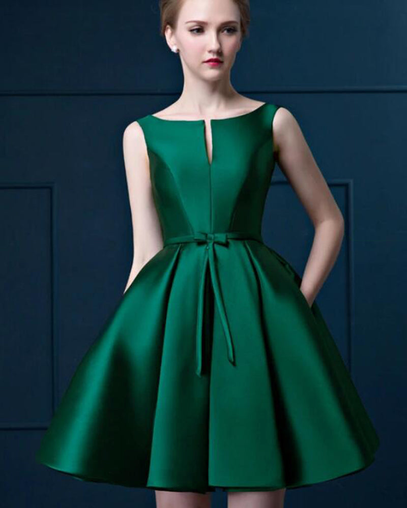 Hermosos vestidos de fiesta de escote redondo para niñas, vestido de fiesta corto verde SP1017 