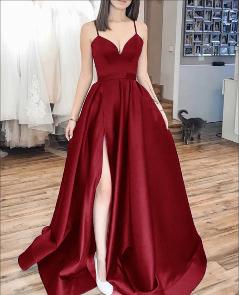 Charming Spaghetti Straps Dark Red Prom Long Dress  with Splits,Formal Gowns PL1018