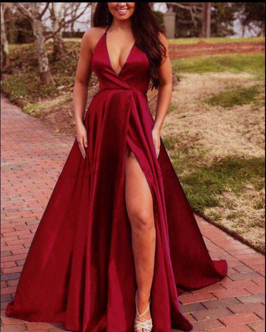 New Girls Graduation Halter Green Slit Long Prom Dresses PL6629