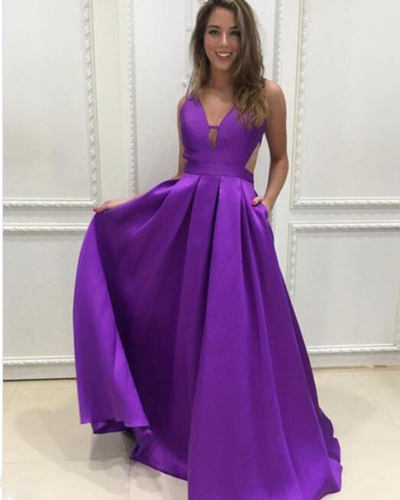 Charming Floor Length  A Line Satin Pocket Deep V Neck Purple Prom Dress PL1022