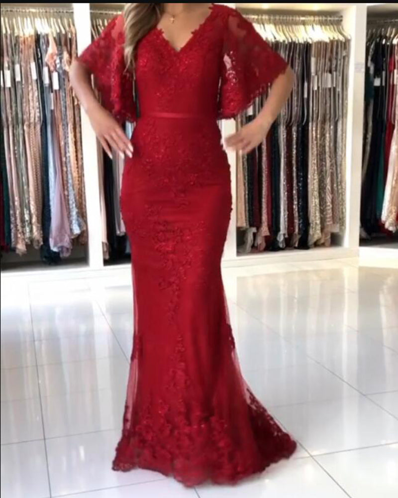 New Design Short Sleeves V neck Lace Red Mermaid Prom Dress PL10251