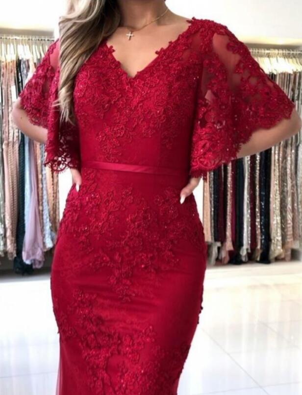 New Design Short Sleeves V neck Lace Red Mermaid Prom Dress PL10251
