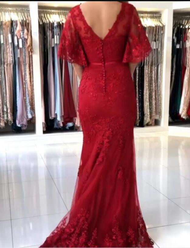 New Design Short Sleeves V neck Lace Red Mermaid Prom Dress PL10251