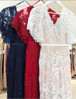 New Design Short Sleeves V neck Lace Red Mermaid Prom Dress PL10251