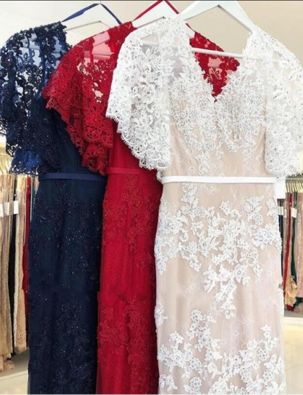 New Design Short Sleeves V neck Lace Red Mermaid Prom Dress PL10251