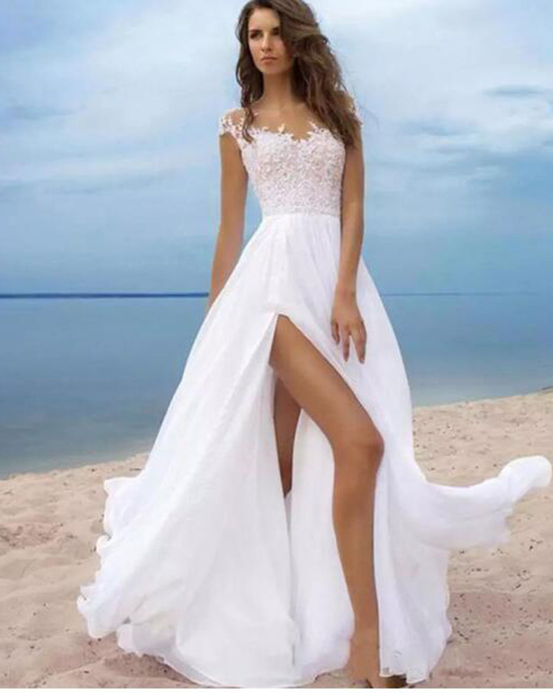 Elegante vestido de novia de encaje con escote redondo y mangas cortas para boda en la playa con aberturas, vestido de WD10271