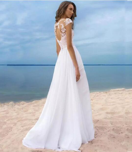 Elegant Scoop Neck Cap Sleeves lace Bridal Dress Beach Wedding Gown with Slits,Vestido De WD10271