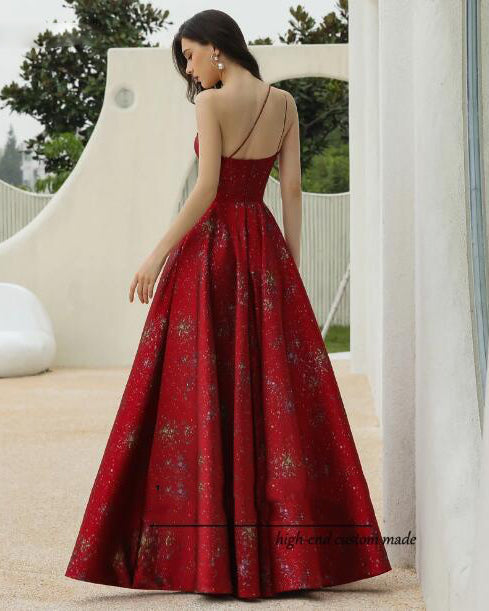 New Style Sexy One Shoulder New Year Christmas Red Evening Party Dress Floor Length Prom Gown PL01102