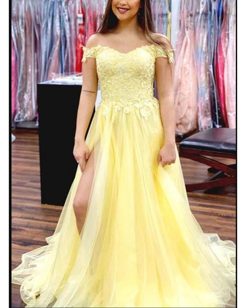 Stunning  Yellow Lace Senior Prom Dress,Girls Long Graduation Dress ,Off the Shoulder Formal Gowns PL01116