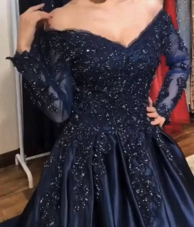 Off the Shoulder Long Sleeves Women Formal Wedding Party Dress Navy Blue Ball Gown Prom Dress PL10132