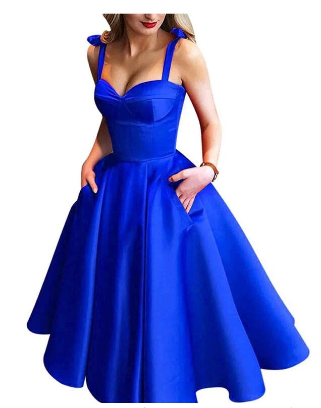Black/Re/Royal Blue Tea Length Prom Dresses Short With Pockets Sweethe Siaoryne Black/Re/Royal Blue Tea Length Prom Dresses Short With Pockets Sweethe Siaoryne