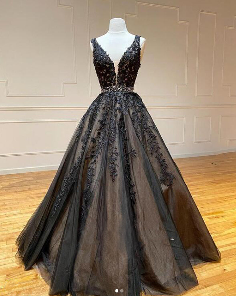Trendy V Neck Black and Nude Lace Ball Gown Formal Prom dress with Beaded Belt  Debutante gown PL01201