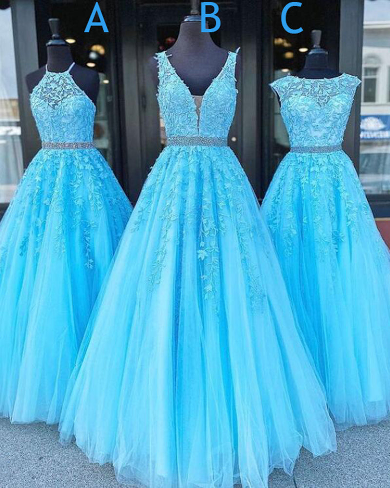 Aqua Blue Lace A Line Prom Dresses Girls Long Formal Gown with Beading Belt Vestido PL01212