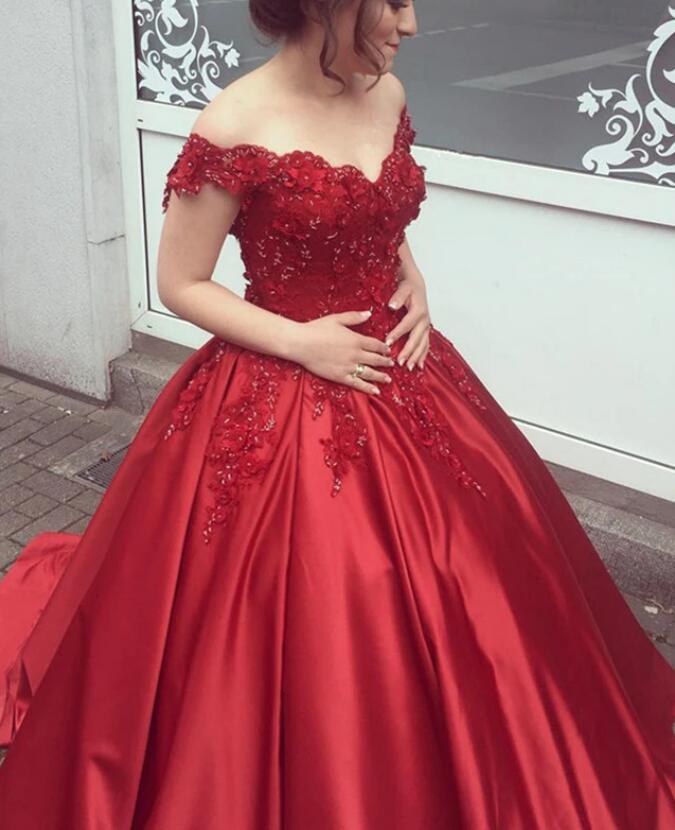 Wine Red /Navy Ball Gown Wedding Dress Prom Dresses with Lace Appliqued off the Shoulder 2022