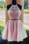 Ivory /Nude Lace Halter Short Prom Dress ,Cocktail Homecoming Gown for Junior Girls SP0804