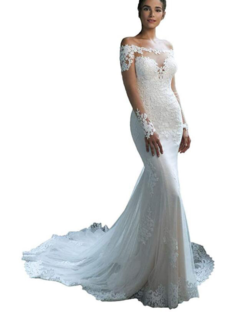 Impresionante vestido de novia de sirena con encaje y mangas largas WD01203 