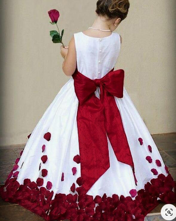 LP2365 O Neck White Flower Girl Dress with Red Petal First Communion Gown little Girl Evening Dress