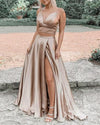 Light Mocha Brown Two Pieces Crop Top Prom Dress with Pockets, Long Evening Party Graduation Dress with Spaghetti Straps PL01215
