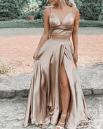 Light Mocha Brown Two Pieces Crop Top Prom Dress with Pockets, Long Evening Party Graduation Dress with Spaghetti Straps PL01215