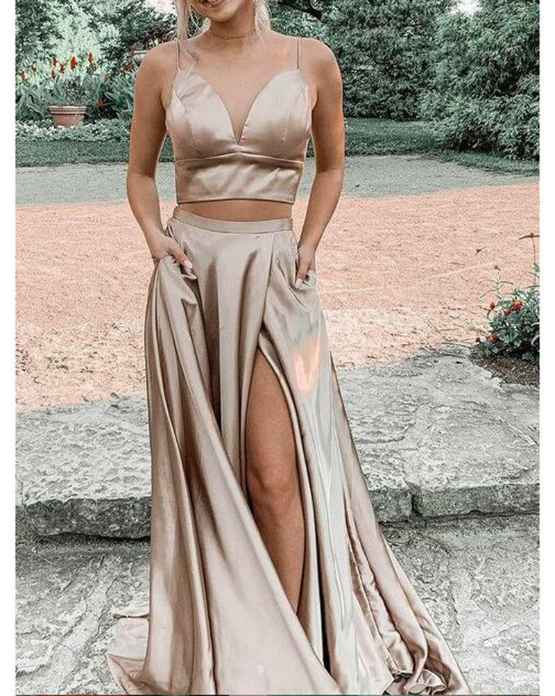 Light Mocha Brown Two Pieces Crop Top Prom Dress with Pockets, Long Evening Party Graduation Dress with Spaghetti Straps PL01215