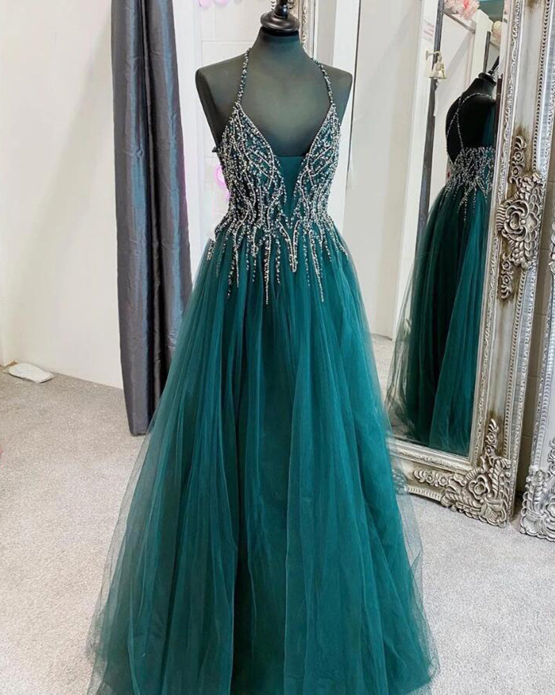 Green Halter Tulle and Beading Crystal Girls  Party Prom Dress Long Formal Wear PL012153