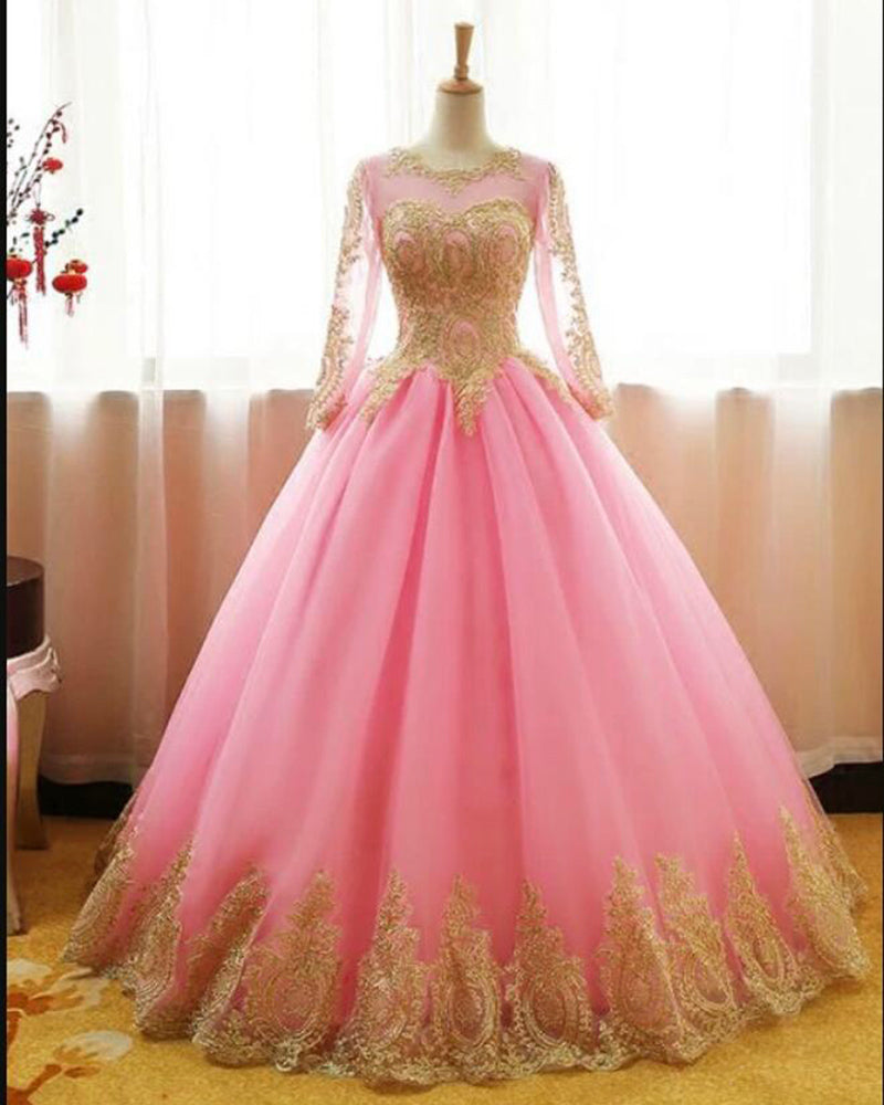 Vintage Gold Lace Long Sleeves Pink /Navy Quinceanera Dress Ball Gown Formal EveningParty  Dress PL01219