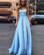 Sky Blue Sweetheart Long Prom Dresses,Satin Formal Gowns for Girls 2021