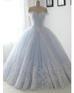 Princess Beautiful Off the Shoulder Lace Applqied Ball Gown Light Blue Quinceanera Dress