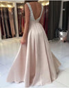 Classic Light Pink V Neck Satin Beaded Prom dress Formal Long Evening Gown Party Dress Robe De Soiree