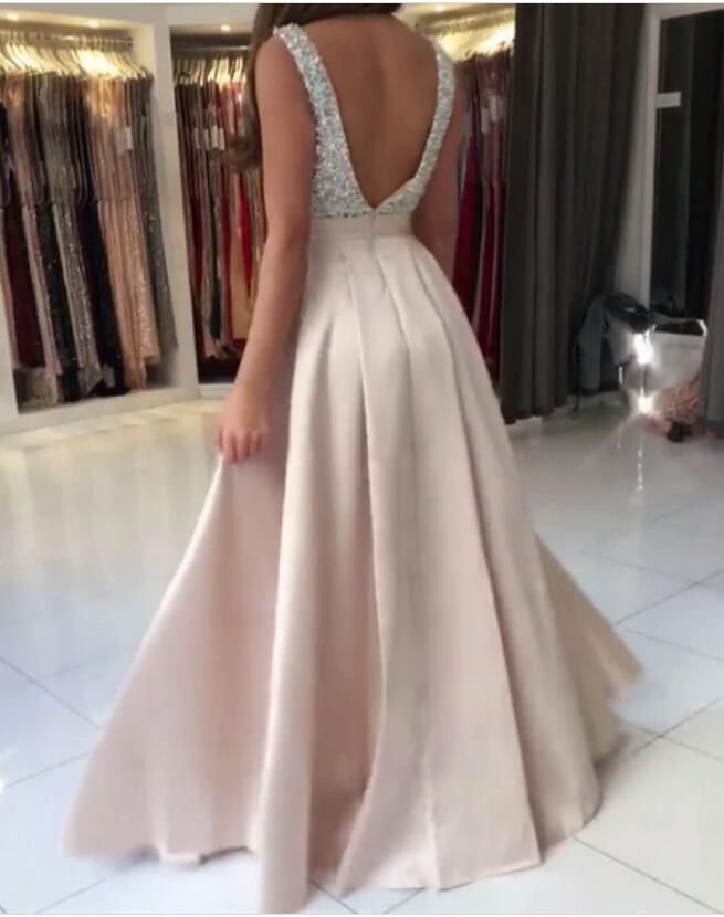 Classic Light Pink V Neck Satin Beaded Prom dress Formal Long Evening Gown Party Dress Robe De Soiree