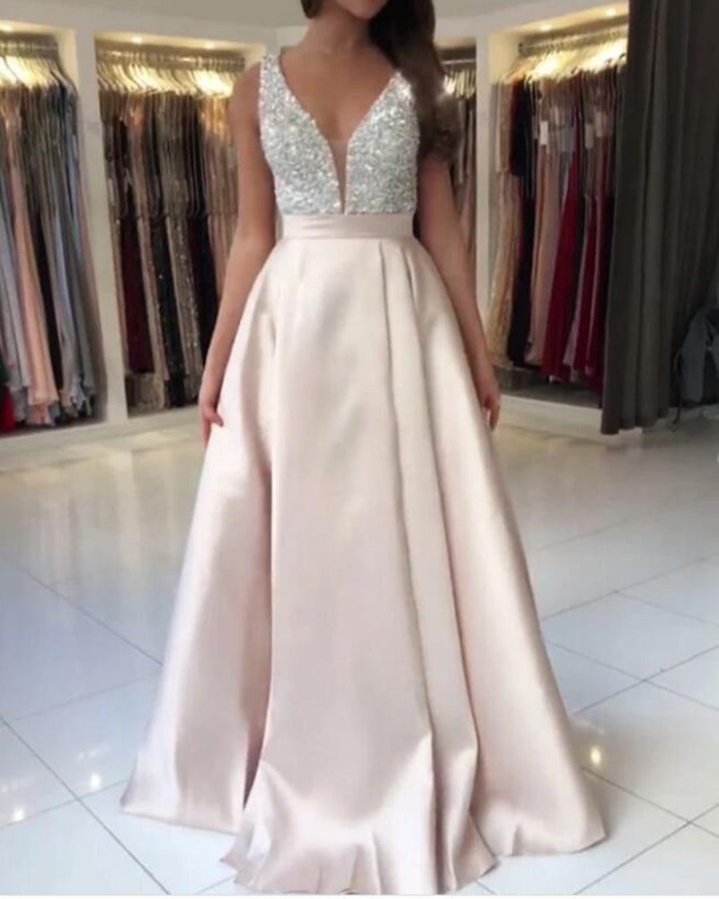 Classic Light Pink V Neck Satin Beaded Prom dress Formal Long Evening Gown Party Dress Robe De Soiree