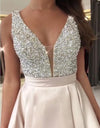 Classic Light Pink V Neck Satin Beaded Prom dress Formal Long Evening Gown Party Dress Robe De Soiree