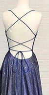 Shiny Blue Sexy V Neck Formal Evening Long Prom Party Dress with Spaghetti Straps LP10107