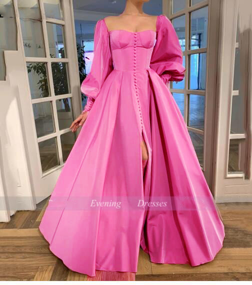 Princess A Line Satin Baby Blue /Pink Bishop Sleeves Prom Party Dresses with Slit Formal Gowns  Buttons