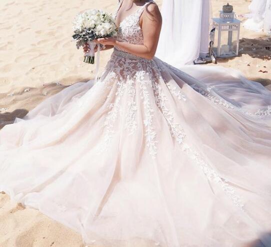Romantic Nude /Ivory Lace  Wedding Dresses ,Short Train Robe Mariage Gown WD10115