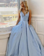 Beautiful Pocketed Lilac Cross Back Spaghetti Straps Long Senior Prom Dresses Girls Satin Graduation Gown Blue PL102071