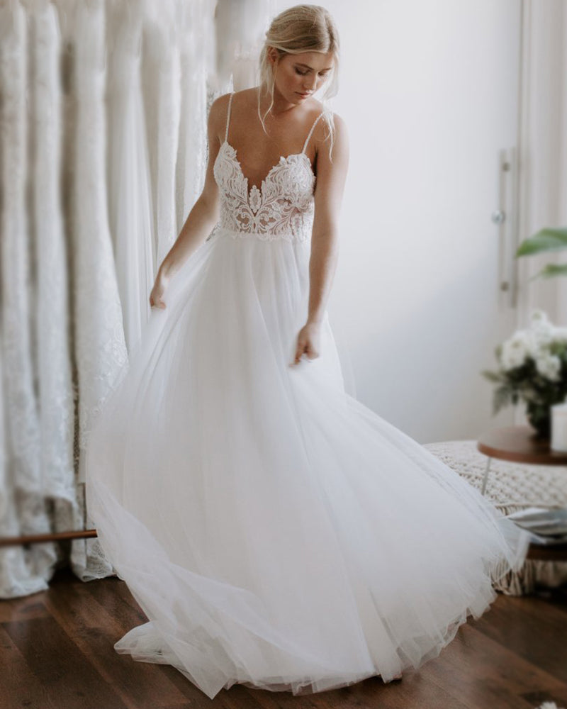 Elegante vestido de novia de playa con encaje y tul hasta el suelo, estilo bohemio WD10221 