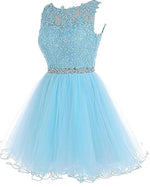 Lovely Sky Blue Lace Puffy Keyhole Back Homecoming Dress Short Prom Dresses with Belt SP10219