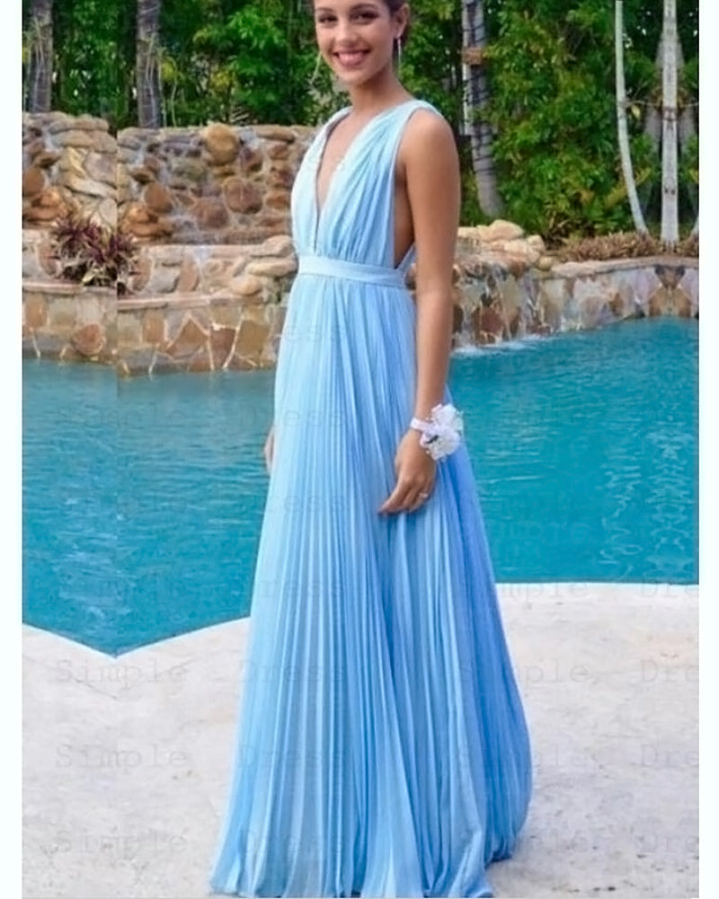 Sexy V Neck Pleated Chiffon Sky Blue Long Evening Party Prom Dresses  PL10216