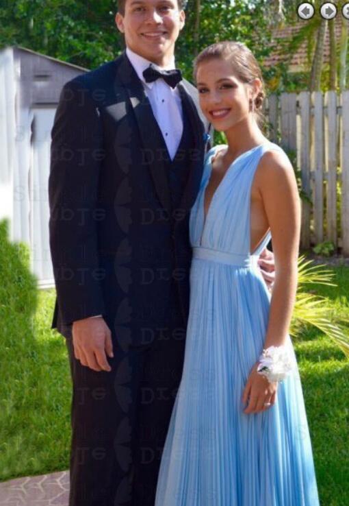 Sexy V Neck Pleated Chiffon Sky Blue Long Evening Party Prom Dresses  PL10216