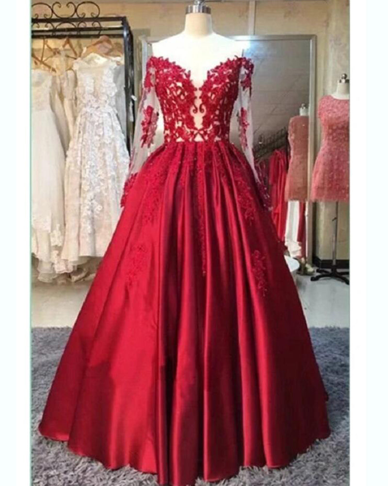 Elegant Off the Shoulder Satin A Line Long Sleeves Prom Ball Gown Dresses PL10217