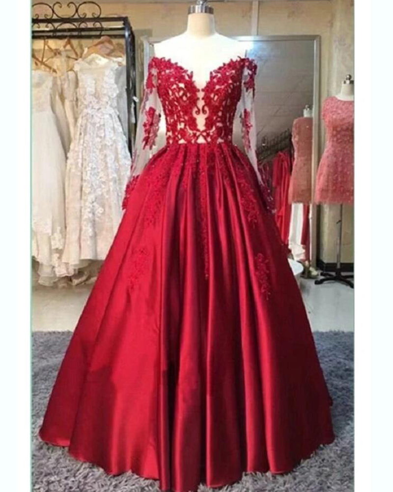 Elegant Off the Shoulder Satin A Line Long Sleeves Prom Ball Gown Dresses PL10217