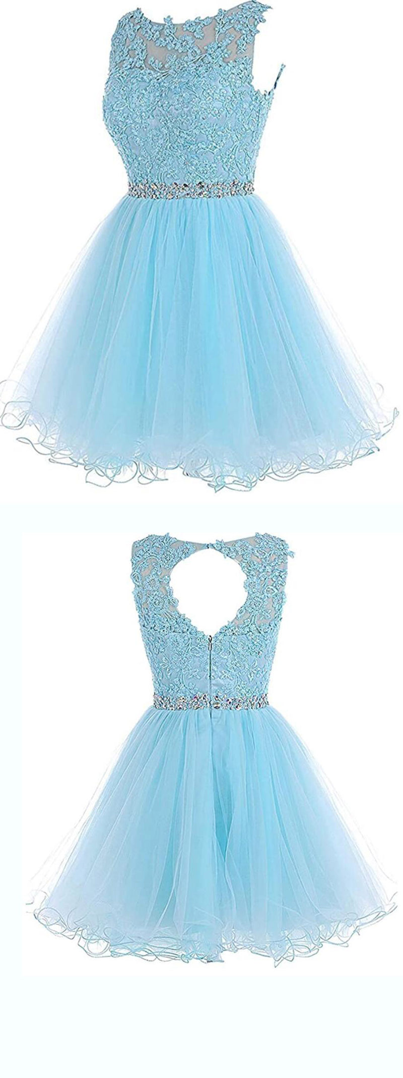 Lovely Sky Blue Lace Puffy Keyhole Back Homecoming Dress Short Prom Dresses with Belt SP10219