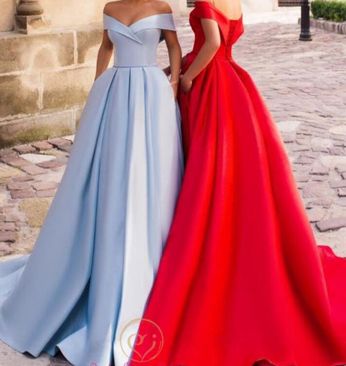 Gorgeous Off the Shoulder A Line Satin Bbay Blue Long Graduation Prom Dresses For Girls PL10220