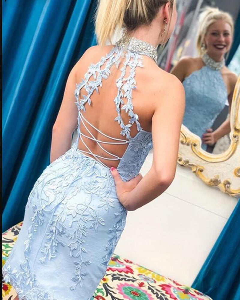 High Neck Beaded Fitted Baby Blue Lace Short Prom Homecoming Dresses 2021, Party Dress Formal Graduation Special Occasion Gown SP10220
